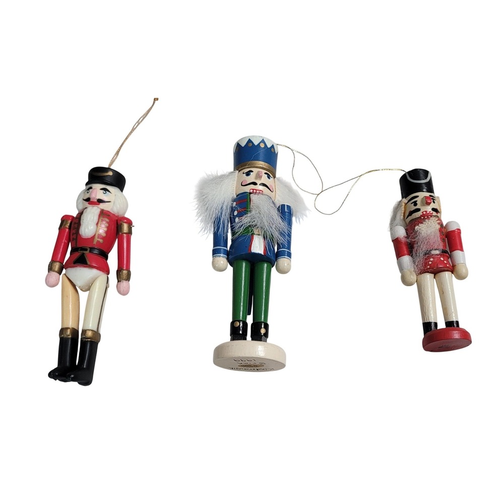 Unbranded Nutcracker Ornaments Set of 3 Red Blue Wood Vintage Good Movable Legs
